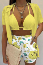 Yellow Sexy Print Patchwork Turndown Collar Short Sleeve Two Pieces