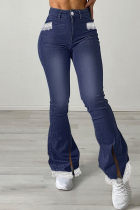 Dark Blue Fashion Casual Solid Patchwork Slit High Waist Regular Denim Jeans