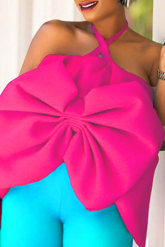 Rose Red Sexy Casual Solid Patchwork Backless With Bow Halter Tops