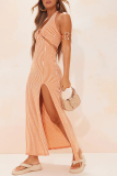 Pink Sexy Striped Metal Accessories Decoration High Opening Halter Straight Dresses