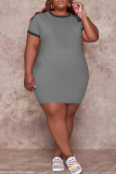 Grey Casual Solid Patchwork O Neck Straight Plus Size Dresses