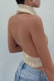 Cream White Sexy Solid Patchwork Backless Asymmetrical Turtleneck Tops