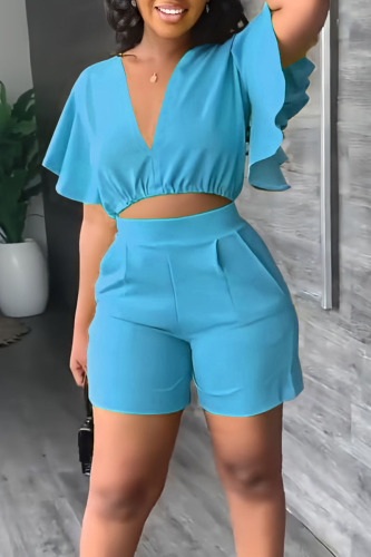 Blue Red Deep V Neck Ruffled Short Sleeve Crop Top and Shorts Casual Two Piece Shorts Set