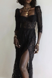Black Sexy Elegant Solid Lace Hollowed Out See-through Square Collar Dresses