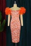 Orange Fashion Sexy Plus Size Print Patchwork Off the Shoulder Evening Dress