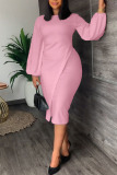 Pink Casual Solid Patchwork O Neck One Step Skirt Dresses