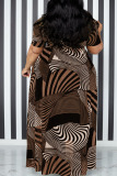 Coffee Fashion Print Patchwork Slit Asymmetrical O Neck A Line Plus Size Dresses