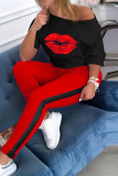 Rose Red Fashion Casual Letter Print Basic O Neck Plus Size Two Pieces