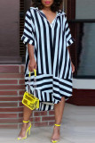 Black Fashion Casual Striped Print Patchwork Turndown Collar Shirt Dress (Without Belt)