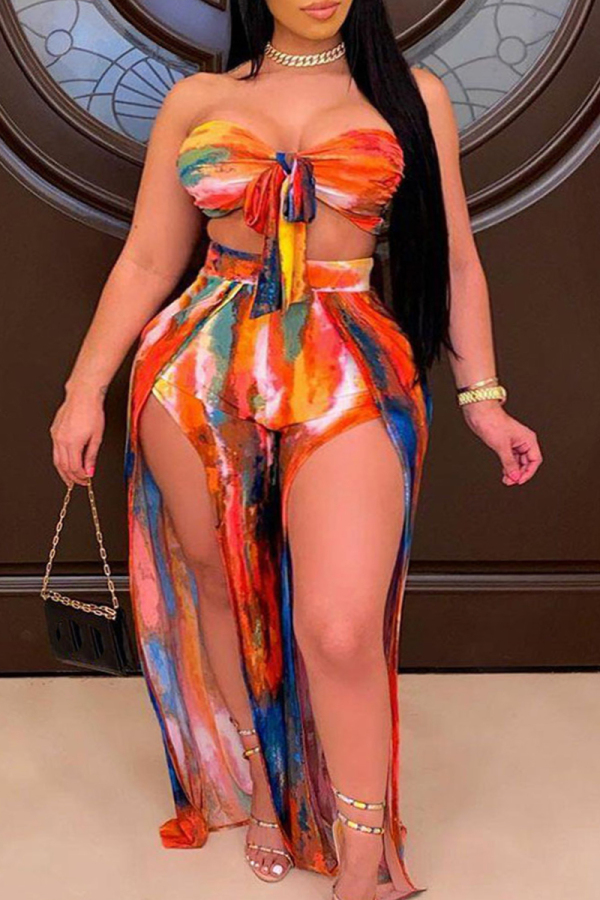 Multicolor Fashion Sexy Print Backless Slit Strapless Plus Size Two Pieces