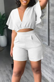 White Casual Solid Patchwork Flounce V Neck Short Sleeve Two Pieces