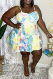 Colour Sweet Print Patchwork Flounce Spaghetti Strap Cake Skirt Plus Size Dresses
