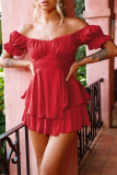 Red Casual Solid Flounce Off the Shoulder Straight Rompers
