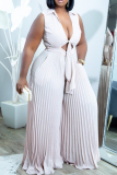 Light Gray Fashion Sexy Solid Bandage Hollowed Out Turndown Collar Plus Size Jumpsuits