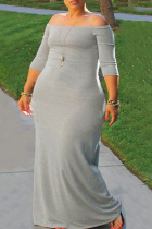 Grey Fashion Casual Plus Size Solid Backless Off the Shoulder Long Dress