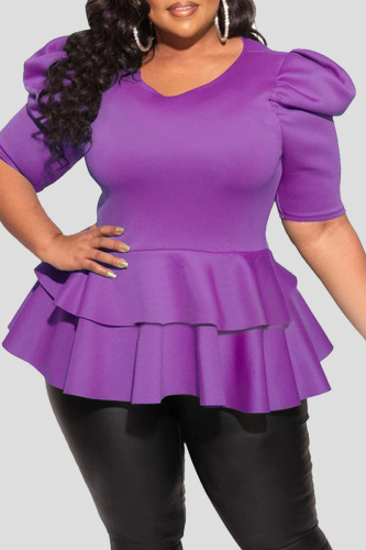 Purple Fashion Casual Solid Patchwork O Neck Plus Size Tops