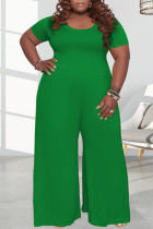 Green Casual Solid Patchwork O Neck Plus Size Jumpsuits