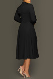 Black Casual Solid Patchwork Draw String Asymmetrical Turndown Collar Long Sleeve Two Pieces