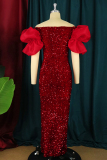 Deep Red Fashion Sexy Patchwork Sequins Slit Off the Shoulder Evening Dress Plus Size Dresses