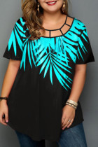 Blue Black Fashion Casual Print Hollowed Out O Neck Plus Size Tops