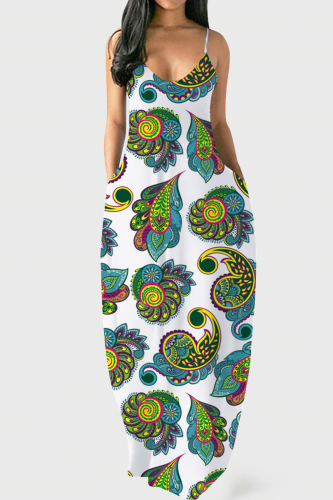 White Fashion Sexy Print Backless Spaghetti Strap Long Dress