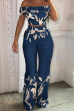 Light Blue Fashion Casual Print Patchwork Backless Off the Shoulder Short Sleeve Two Pieces