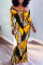 Orange Yellow Fashion Casual Print Patchwork V Neck Long Sleeve Dresses