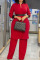 Red Casual Solid Patchwork With Belt V Neck Long Sleeve Two Pieces