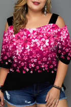 Rose Red Fashion Casual Print Patchwork Off the Shoulder Plus Size Tops