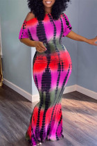 Multicolor Fashion Casual Print Tie-dye V Neck Short Sleeve Dress
