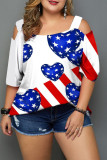White Blue Red American Flag Stars Print Half Sleeve Off The Shoulder Plus Size Loose Tops