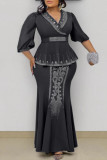 Black Fashion Casual Patchwork Beading Hot Drill V Neck Plus Size Two Pieces