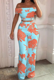 Blue Fashion Casual Print Patchwork Backless Off the Shoulder Short Sleeve Two Pieces