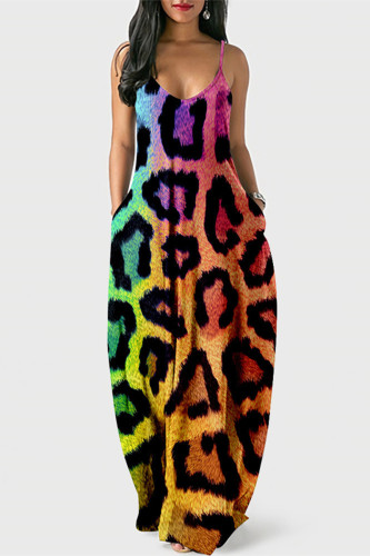Colour Fashion Sexy Print Backless Spaghetti Strap Long Dress