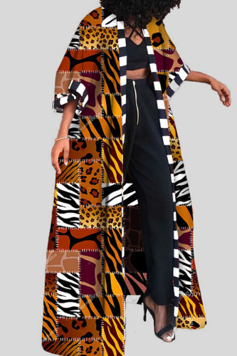 Dark Brown Fashion Street Print Patchwork Outerwear