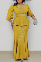 Yellow Fashion Casual Patchwork Beading Hot Drill V Neck Plus Size Two Pieces