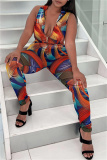 Multicolor Fashion Sexy Print Patchwork Zipper Collar Skinny Jumpsuits