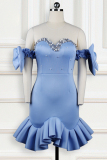 Sky Blue Fashion Sexy Patchwork Beading Asymmetrical O Neck Evening Dress