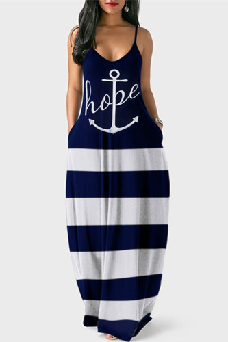 Blue White Sexy Graphic Print Floor Length Backless Sleeveless African Style Loose Cami Maxi Dress