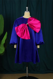 Deep Blue Fashion Casual Patchwork With Bow O Neck Long Sleeve Dresses