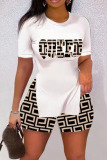 Black White Casual Print Patchwork Slit O Neck Short Sleeve Two Pieces