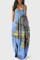 Blue White Fashion Sexy Print Backless Spaghetti Strap Long Dress