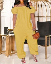 Yellow Casual Solid Patchwork Off the Shoulder Loose Jumpsuits