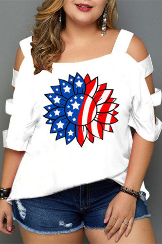 White Red Fashion Casual Print Hollowed Out O Neck Plus Size Tops