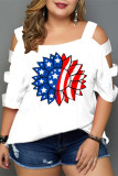 White Fashion Casual Print Hollowed Out O Neck Plus Size Tops