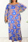 Blue Fashion Casual Print Patchwork Off the Shoulder Long Sleeve Plus Size Dresses