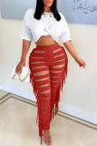 Blue Sexy Solid Tassel Hollowed Out Patchwork High Waist Pencil Solid Color Bottoms