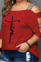 Red Fashion Casual Print Hollowed Out O Neck Plus Size Tops