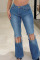 Blue Sexy Street Solid Hollowed Out Patchwork Chains High Waist Denim Jeans
