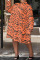 Tangerine Red Casual Print Patchwork Buckle Turndown Collar Shirt Dress Plus Size Dresses